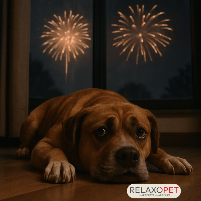 Ein trauriger Hund auf dem Boden in einem Innenraum vor einem Fenster. Im Hintergrund sieht man durch das Fenster Feuerwerk. Der Hund ist also nervös/angespannt/unglücklich aufgrund des Feuerwerkes.