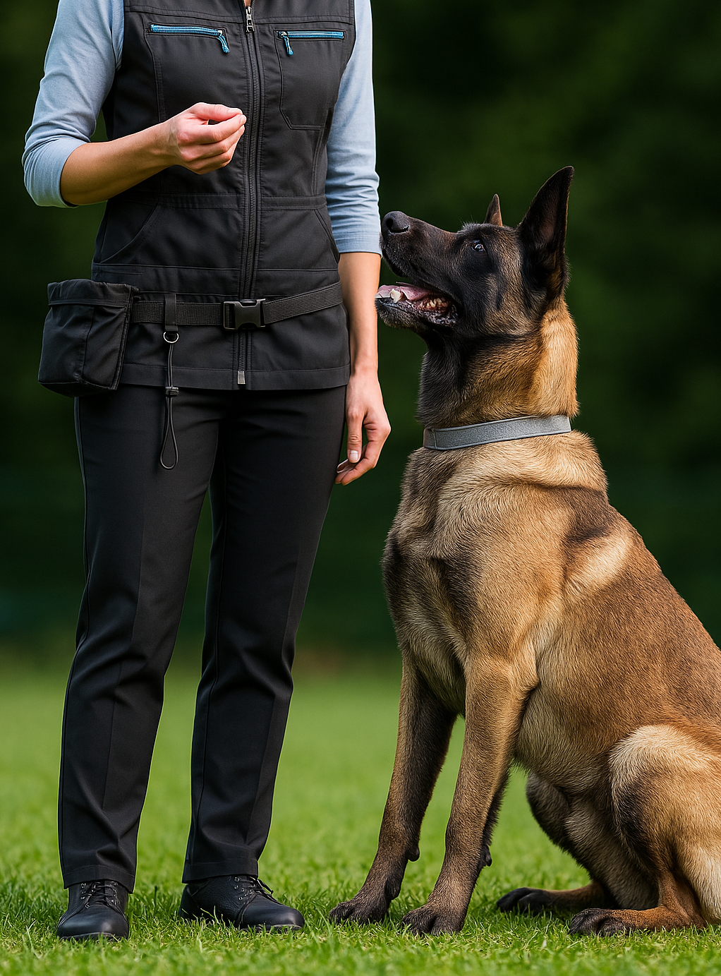 Ein Hund, Malinois/Schäferhund, ist gehorsam und schaut seine Besitzerin/Trainerin erwartungsvoll an, während er wartend vor ihr sitzt.