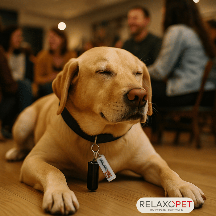 Ein zufriedener Hund (Labrador Retriever) auf dem Boden, im Hintergrund sieht man mehrere Personen an einem Tisch sitzen. Der Hund befindet sich anscheinen in einem Lokal. Um seinen Hals hängt an seinem Halsband der RelaxoPet Duft-Diffusor, durch welchen er auch in dieser Situation total entspannt ist.