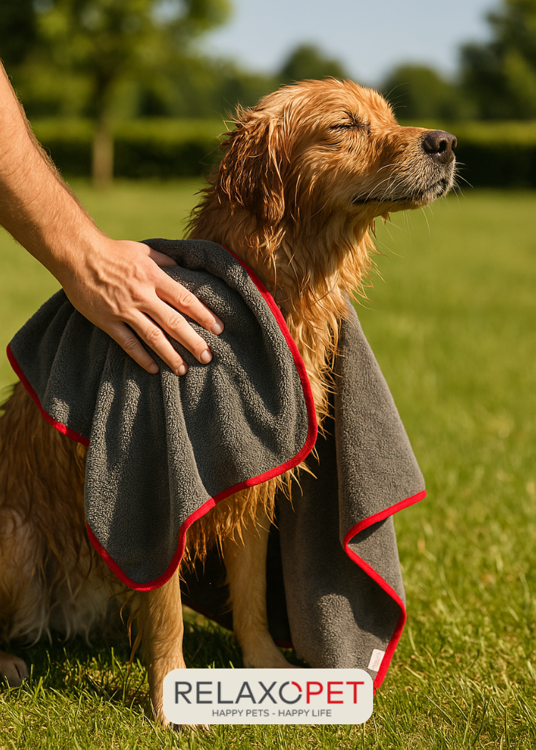 Ein Hund genießt die Sonne und wird mit dem Multi Dry Handtuch getrocknet.