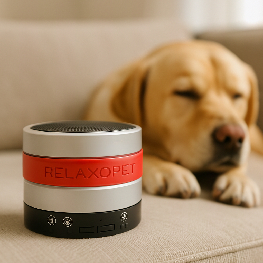 Der RelaxoPet Pro liegt auf dem Sofa, neben ihm ein entspannter Labrador. Über dem Bild sind noch die Badges vom TÜV-Rheinland (zertifiziert), vom German Design Award 2021 und vom German Innovation Award 2021.