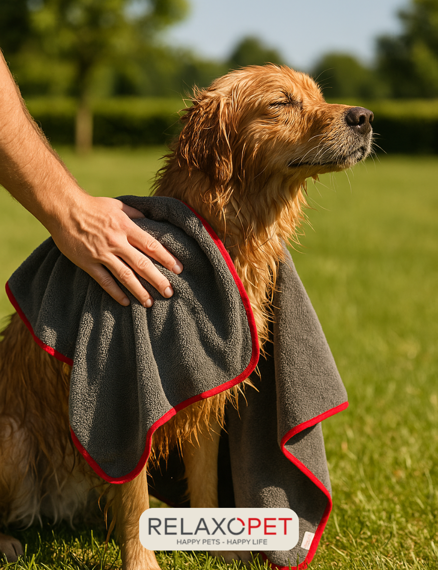 Ein Hund genießt die Sonne und wird mit dem Multi Dry Handtuch getrocknet.